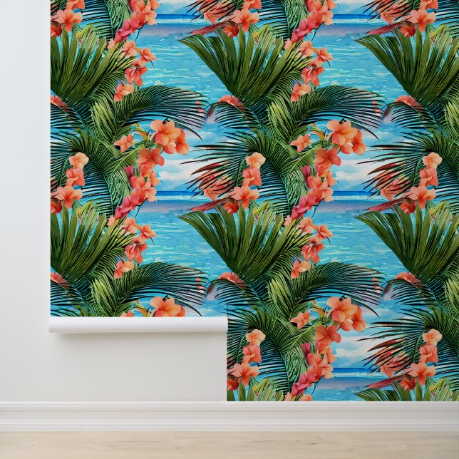 Papier Peint Fleurs tropicales palmier île bleu mer motif (Application)