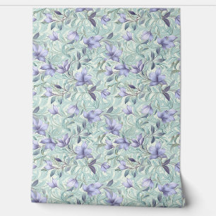 Papier Peint Fleurs violettes pastel douces et feuilles verts s