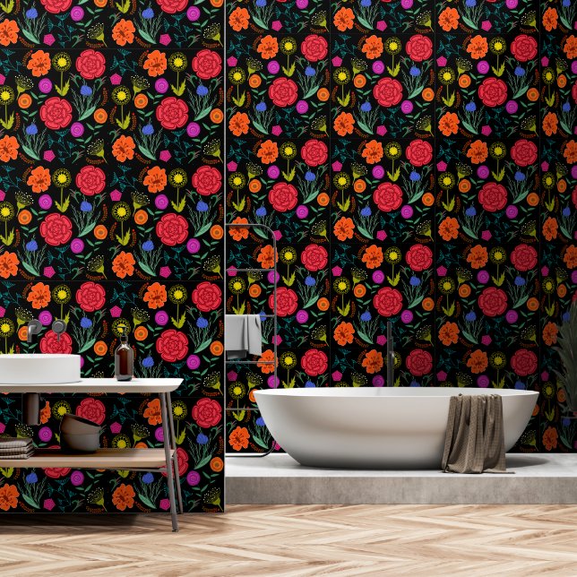 Papier Peint Fleurs vives et colorées sur le noir (Salle de bain)