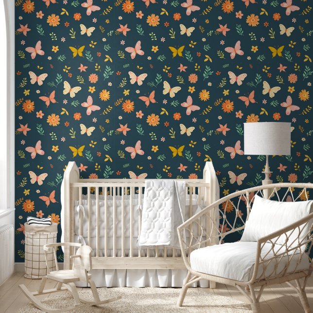 Papier Peint Fleurs Whimsy Papillons Turquoise Arrière - plan F (Enfants)