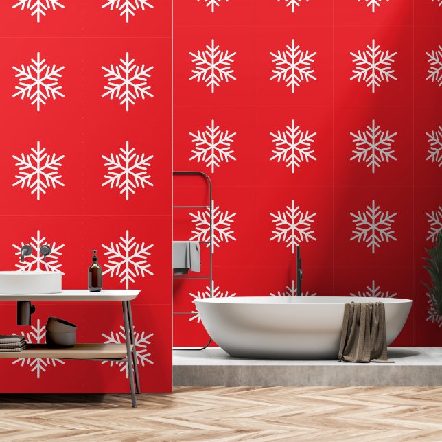 Papier Peint Flocon de neige blanc festif raffiné sur fond roug (Salle de bain)