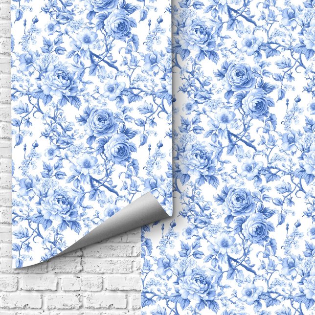 Papier peint floral à motifs roses toile de Jouy b (Royal Blue French Toile Roses Floral Wallpaper Design)
