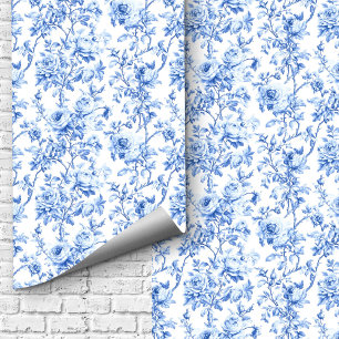 Papier peint floral à roses en toile de Jouy bleue