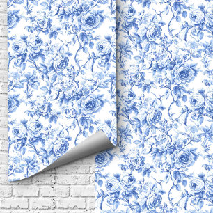 Papier peint floral à roses toile de Jouy bleue de
