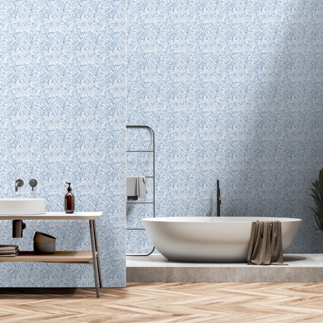 Papier Peint Floral Art Ligne Botanique Bleu (Salle de bain)