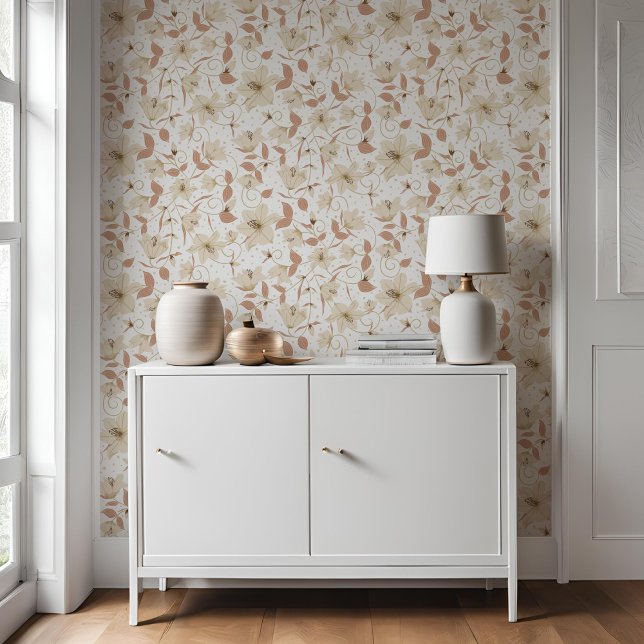 Papier Peint Floral Blanc Beige Lily Motif botanique (Créateur téléchargé)