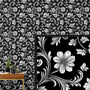 Papier Peint Floral blanc sur Damas gothique dramatique noire