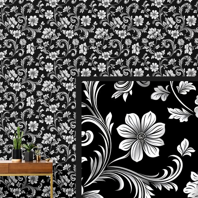 Papier Peint Floral blanc sur Damas gothique dramatique noire (Créateur téléchargé)