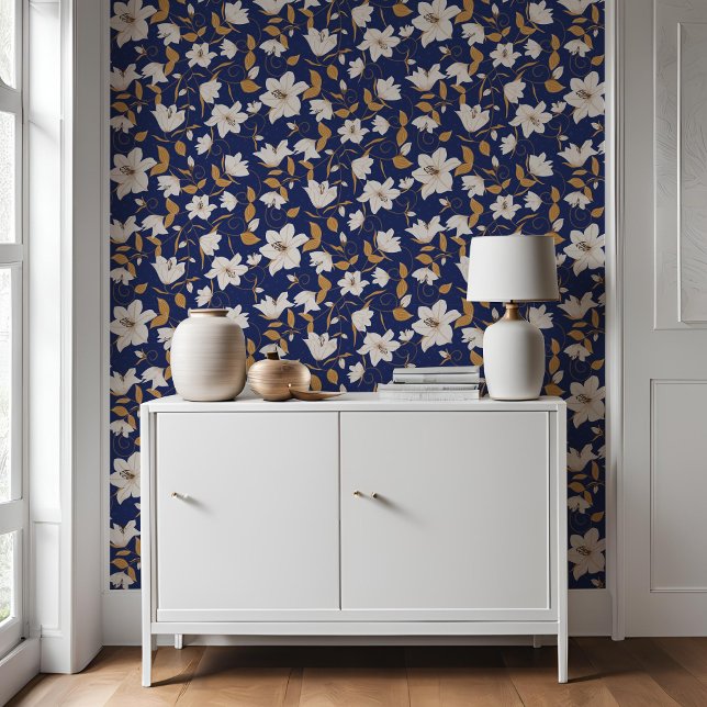 Papier Peint Floral Bleu Beige Lily Motif botanique (Créateur téléchargé)