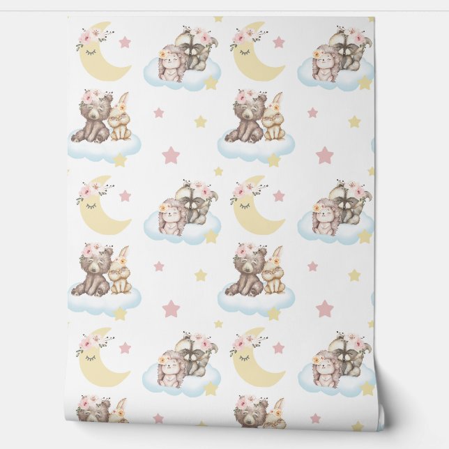 Papier Peint Floral Bois Animaux Nuages Étoiles Lune Pépinière (Déroulement)