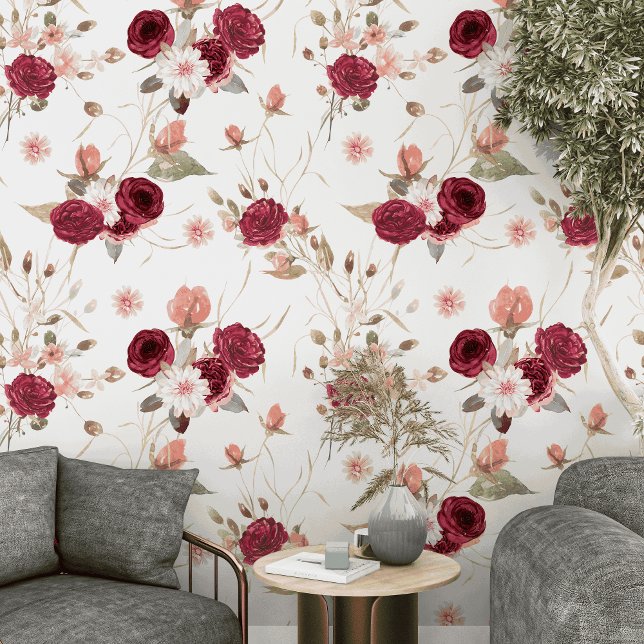 Papier peint floral bordeaux à décoller et coller  (Créateur téléchargé)