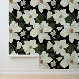 Papier Peint Floral de Magnolia blanc moderne sur noir