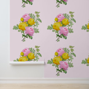 Papier Peint Floral de roses vintages rose et jaune