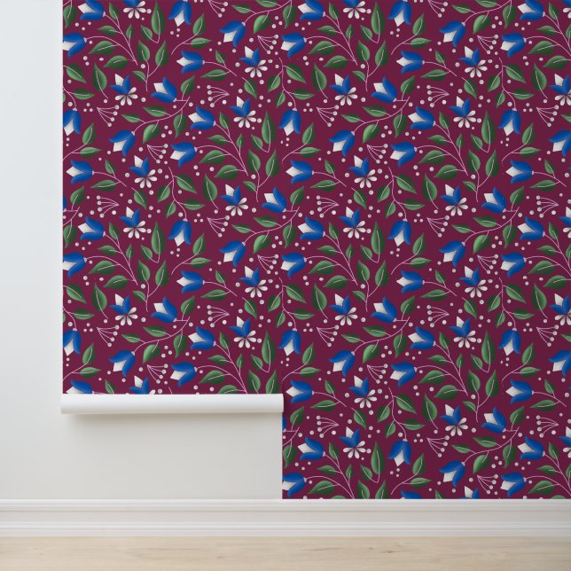 Papier peint floral en Bourgogne et bleu profond (Application)