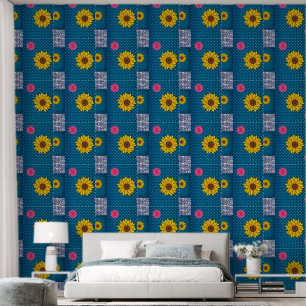 Papier peint floral fleurs jaune bleu