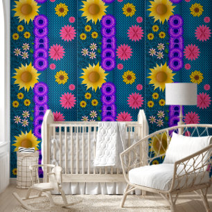 Papier peint floral fleurs jaune violet