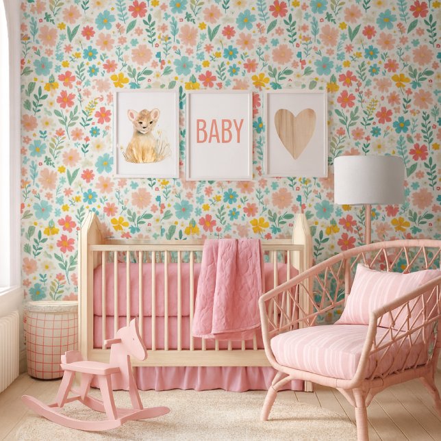 Papier peint floral Fleurs sauvages colorées (A charming baby nursery featuring a joyful & fresh color palette, with a focus a stunning wallpaper)