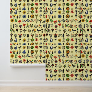Papier Peint Floral folk coloré et oiseaux