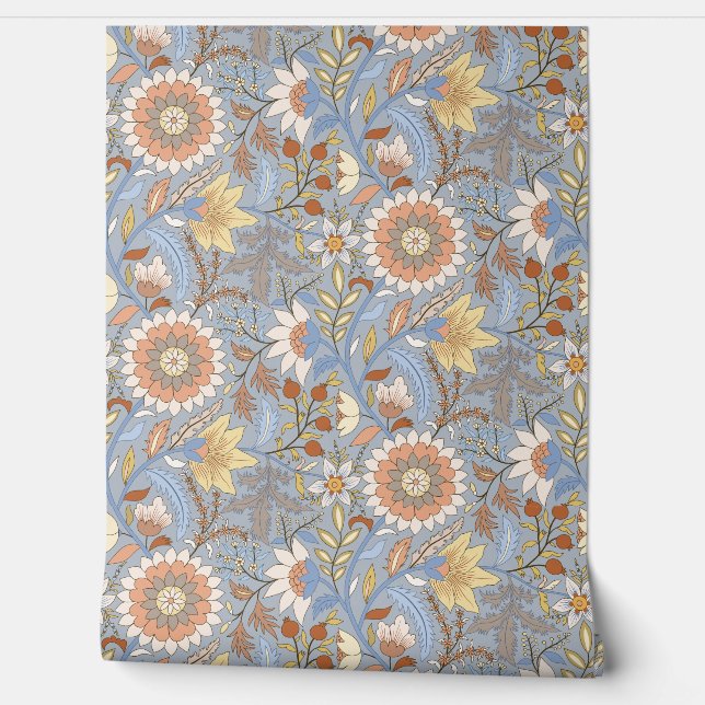 Papier Peint Floral indien Boho avec arrière - plan gris bleu (Déroulement)