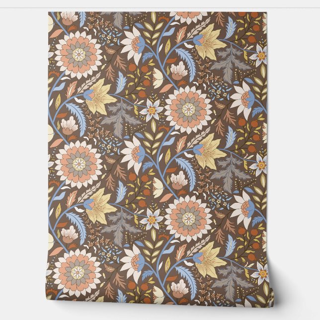 Papier Peint Floral indien Boho avec arrière - plan marron (Déroulement)