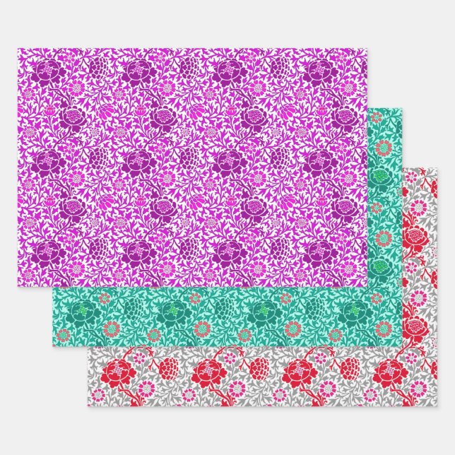 Papier peint floral jacobéen, Turquoise violet et  (Lot)