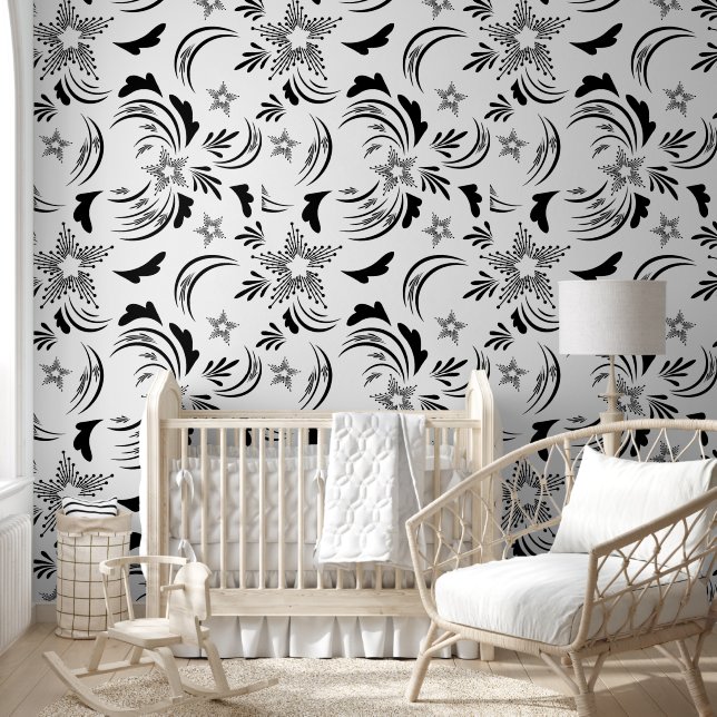 Papier peint floral noir avec Arrière - plan blanc (Enfants)