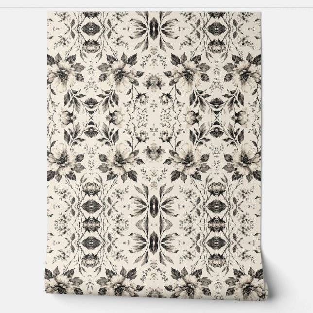 Papier peint floral noir et blanc - Damassé botani (Déroulement)