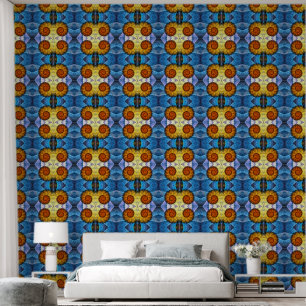 Papier Peint Floral Orange Bleu Jaune Art Abstrait