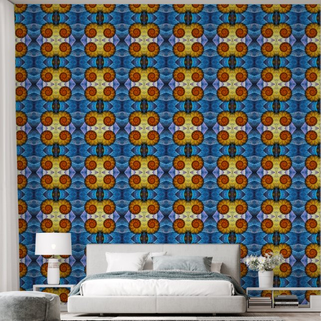 Papier Peint Floral Orange Bleu Jaune Art Abstrait (Chambre à coucher)