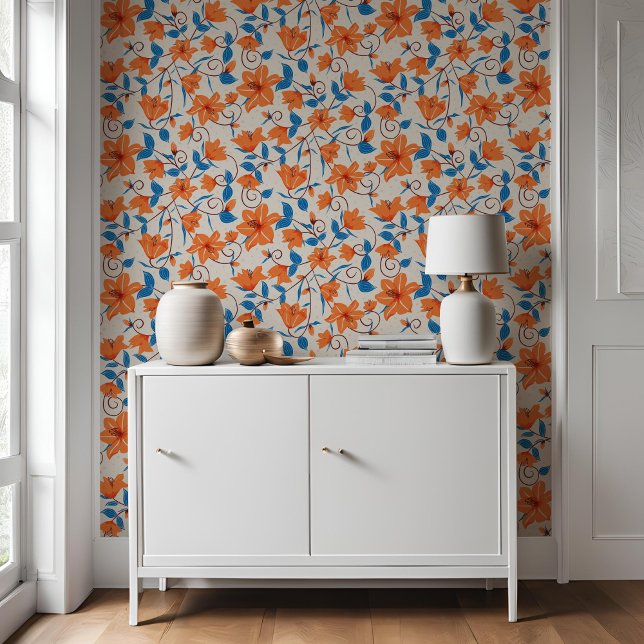 Papier Peint Floral Orange Blue Lily Motif botanique (Créateur téléchargé)