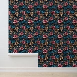Papier Peint Floral Rose d'or rose bleu