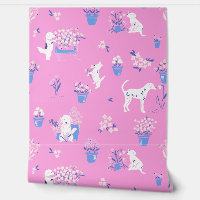 Papier peint floral rose et bleu Chien rose chaud