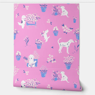 Papier peint floral rose et bleu Chien rose chaud