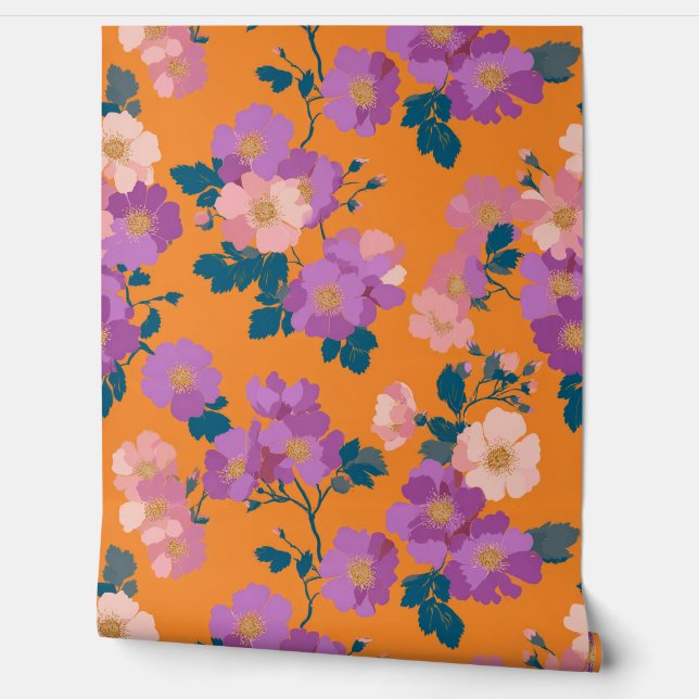 Papier Peint Floral rose et violet moderne sur orange (Déroulement)