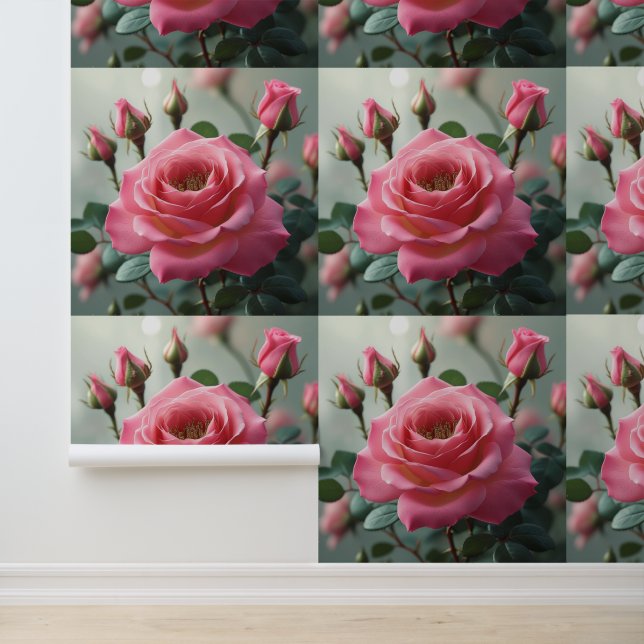 Papier Peint Floral rose rose luxuriant Art mural amovible (Application)