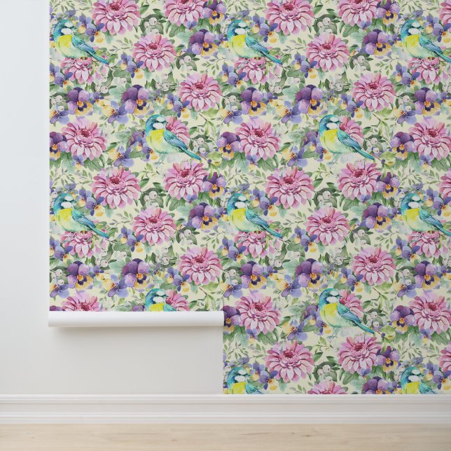 Papier Peint Floral rose Zinnia Fleurs violettes Pansies Oiseau (Application)