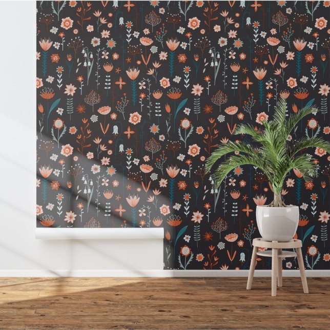 Papier Peint Floral scandinave (Scandinavian floral dark art wallpaper)