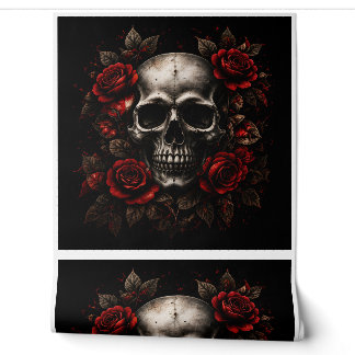 Papier peint floral sombre crâne gothique et roses