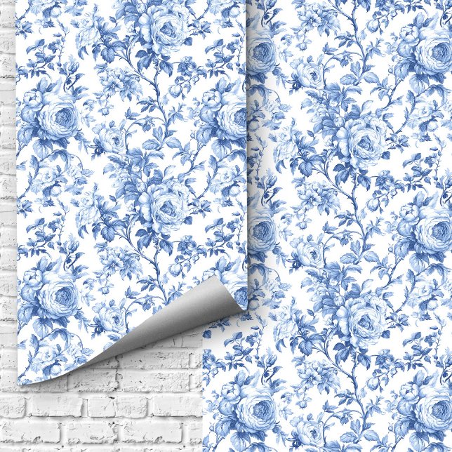 Papier peint floral toile de Jouy bleue romantique (Romantic Blue French Toile Roses Floral Wallpaper Design)