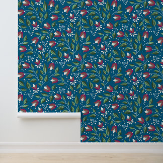 Papier Peint Floral turquoise et rouge