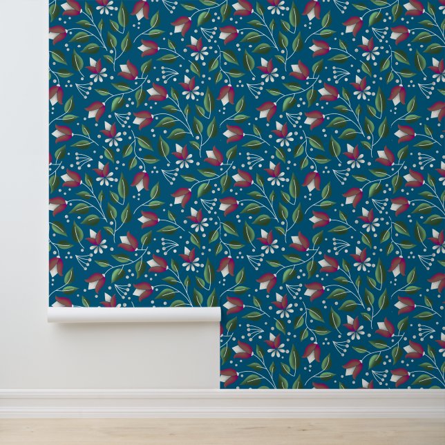 Papier Peint Floral turquoise et rouge (Application)