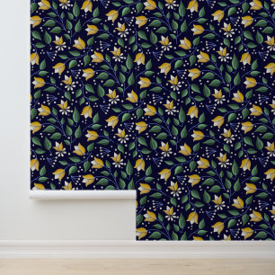 Papier Peint Flore bleu profond et jaune