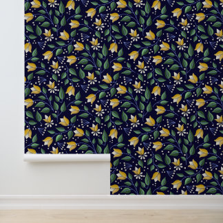 Papier Peint Flore bleu profond et jaune