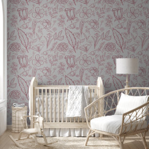 Papier Peint Flore rose simple sur gris  