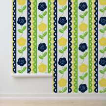 Folk Art Floral Scalloped Stripe - Gingham Jaune 