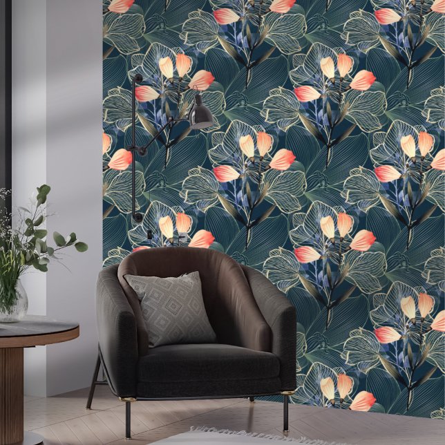 Papier Peint Foncé moderne élégant Boho Floral Blue (Créateur téléchargé)