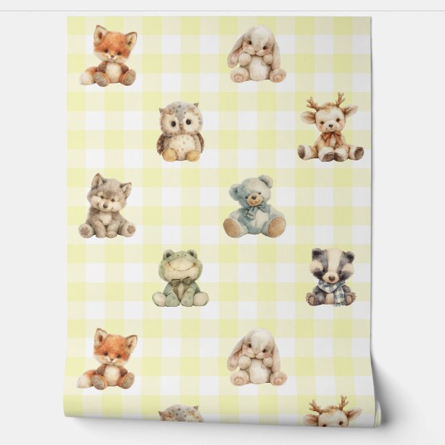 Papier Peint Forêt boisée Animaux Jaune Plaid Baby Nursery (Déroulement)