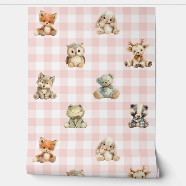Papier Peint Forêt boisée Animaux Pink Plaid Baby Girl (Déroulement)