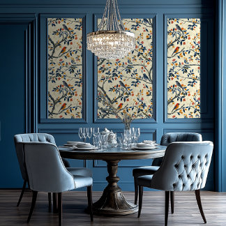 Papier Peint Forêt peinte avec oiseaux style Chinoiserie