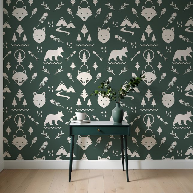 Papier Peint Forêt sauvage de plein air minime Animaux verts (Minimal Outdoor Wilderness Forest Animals Green Wallpaper)